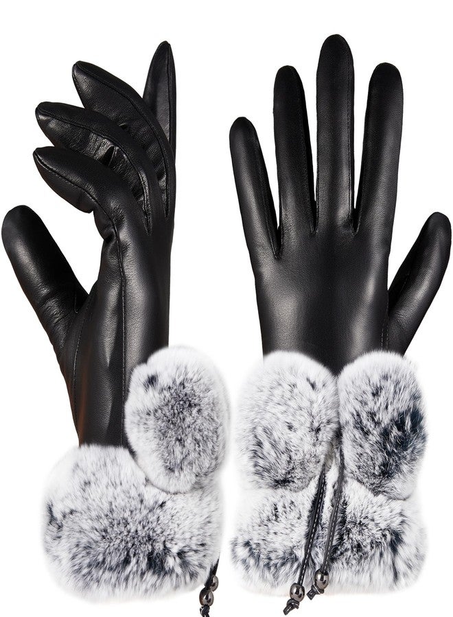 VIKIDEER Super Warm Fur Lined Leather Gloves Women Rex Rabbit Fur Cuffs Touchscreen Texting Black Medium - Image 1